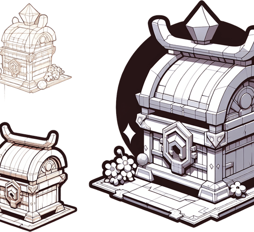 chibi treasure chest.
Single Game Texture.  In-Game asset.  2d.  Blank background.  High contrast.  No shadows