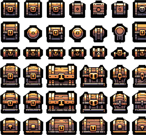 A spritesheet of various norse medieval or viking age looking treasure chest. Side view as for use in a platformer or endless runner game..
Single Game Texture. In-Game asset. 2d. Blank background. High contrast. No shadows.