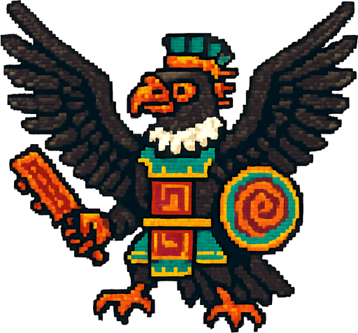 Generame un guerrero azteca con patrones, estilo pixelar, además será un Cóndor de los Andes, unidad voladora con alas, con efectos de viento.
In-Game asset.  2d.  High contrast.  No shadows
