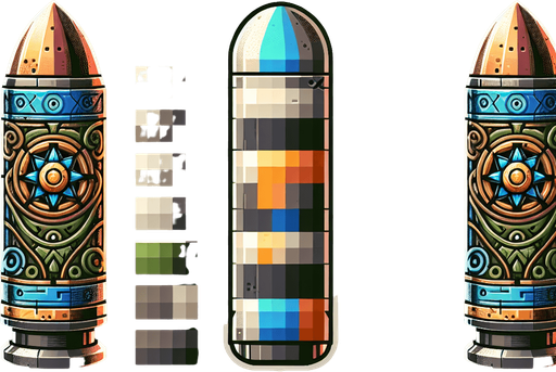 MG bullet 2D(flat and have colors).
Single Game Texture. In-Game asset. 2d. Blank background. High contrast. No shadows.
