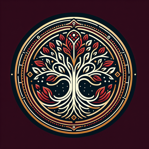 A circular emblem with a tree at its center, its branches intertwining with a glowing red lineage symbol..
Colors: Deep red, gold, and subtle white highlights.