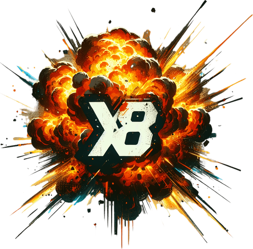 爆炸，里面有X8的字样.
Single Game Texture. In-Game asset. 2d. Blank background. High contrast. No shadows.
