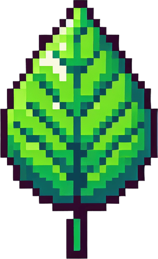 pixel art green leaf.
Single Game Texture.  In-Game asset.  2d.  Blank background.  High contrast.  No shadows