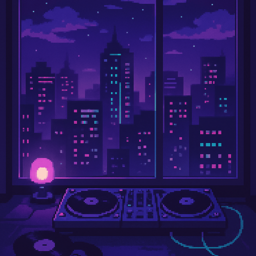 A 2048x2732 vertical pixel art background for the main menu of a rhythm game. The scene shows a moody, neon-lit cityscape at night through a big window behind a cozy, minimal DJ setup. The foreground includes soft lights, vinyl records, and glowing cables. Background buildings feature soft pulsing lights and pixel-style clouds or stars. The mood is dreamy, lo-fi, and rhythmic, with purple, indigo, and cyan tones. No characters or text, just a calm and stylish menu background..
In-Game asset.  2d.  High contrast.  No shadows