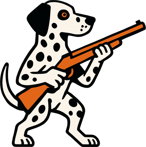 dalmation dog holding a gun.
In-Game asset.  2d.  High contrast.  No shadows. hunting