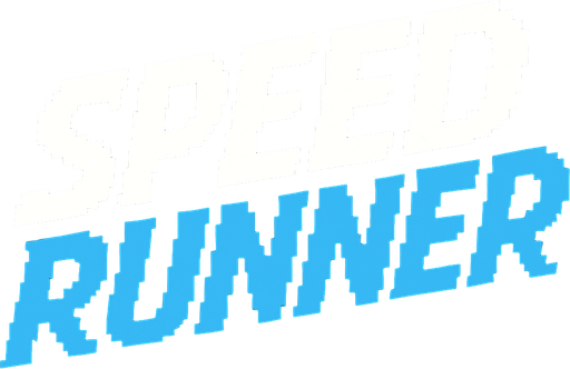 letras que dicen speed runner las letras speed tienen un color blanco con contorno negro y las letras runner un color celeste con un contorno azul todo hecho con pixeles y con una cursiva.
In-Game asset.  2d.  High contrast.  No shadows