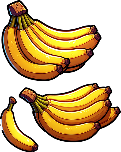 A bunch of bananas in a cartoon image..
Single Game Texture. In-Game asset. 2d. Blank background. High contrast. No shadows.