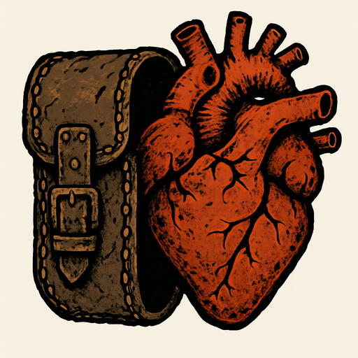 The hearts will be in a slightly old Mad Max style look and half will be inside the leather case.
In-Game asset.  2d.  High contrast.  No shadows