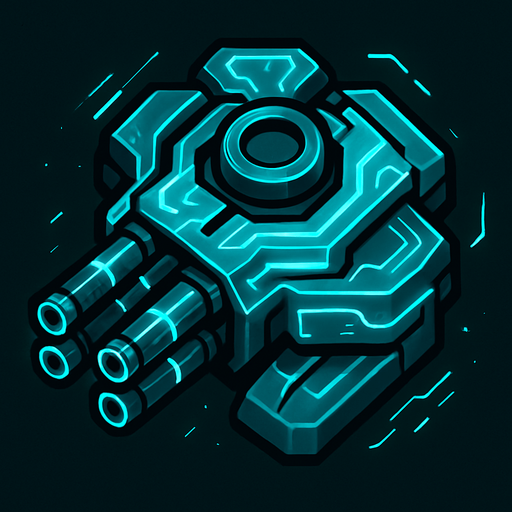 top-down view, small rapid-fire digital turret, multiple mini barrels, bright cyan glowing circuits, compact and fast look.
In-Game asset.  2d.  High contrast.  No shadows