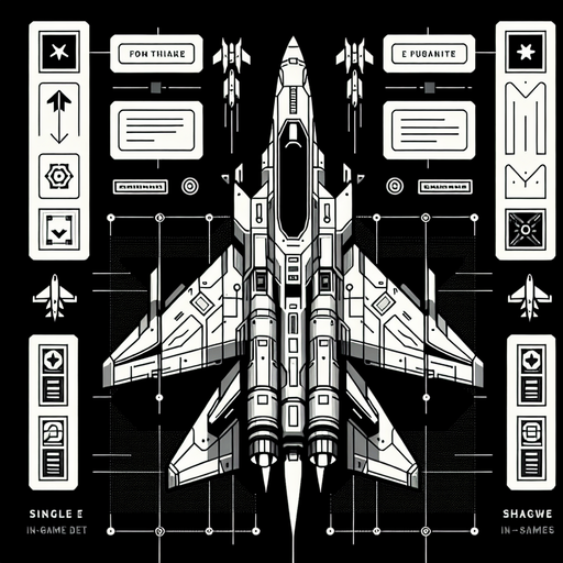 top-down view, spaceship in the shape of a fighter jet. pointed upwards.
Single Game Texture.  In-Game asset.  2d.  Blank background.  High contrast.  No shadows