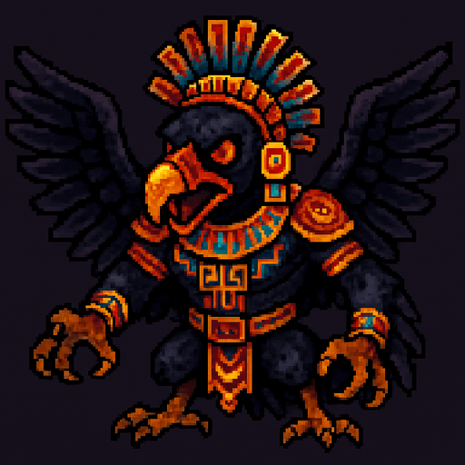 Genérame una Zopilote Rey guerrero azteca con eso patrones, estilo pixelar, con una apariencia maligna, ojos rojos, rabioso. Unidad aerea con alas. Animal.
In-Game asset.  2d.  High contrast.  No shadows