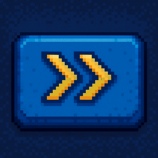 Blue button with two yellow chevrons in a row, pixel art style.