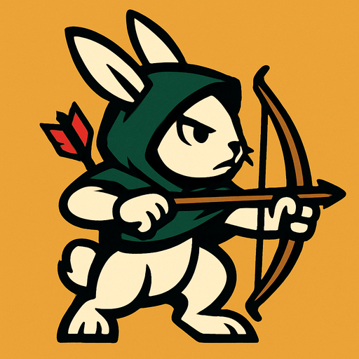 conejo con archo y flecha mirando hacia la derecha y capucha tiene.
In-Game asset.  2d.  High contrast.  No shadows