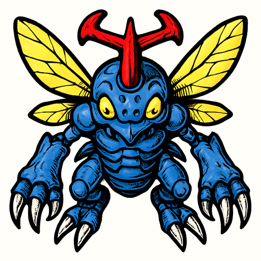 Kabuterimon. visto desde arriba. calidad y detalles altos.
In-Game asset.  2d.  High contrast.  No shadows