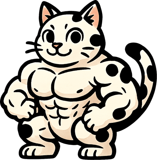 kaslı ve beyaz ama üstünde siyah benekelri olan tatlı bir kedi.
In-Game asset.  2d.  High contrast.  No shadows