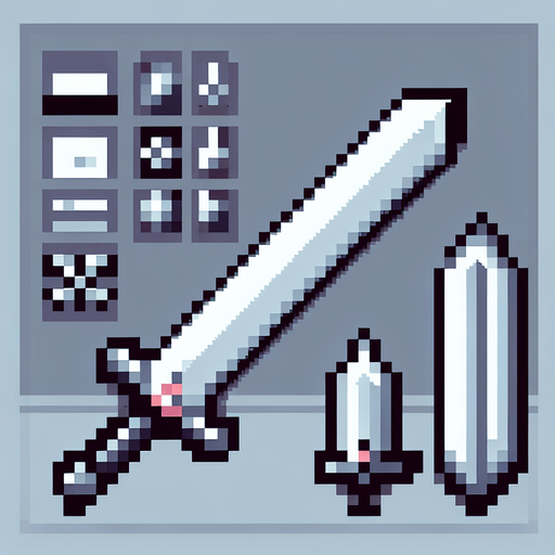 sword pixelated.
Single Game Texture. In-Game asset. 2d. Blank background. High contrast. No shadows. Indie style, low resolution