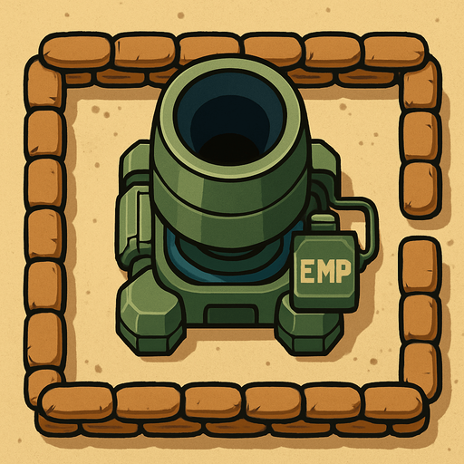 Top view of an Green defense Military tower large EMP mortar, in the desert, the image has a square border outlined by military defense Brown sandbags.
In-Game asset.  2d.  High contrast.  No shadows
