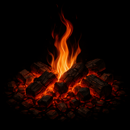Brasas con llama, algo realista.
In-Game asset.  2d.  High contrast.  No shadows