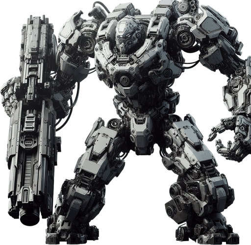 a gray transformer with a gun as one of his hands.
Single Game Texture.  In-Game asset.  2d.  Blank background.  High contrast.  No shadows