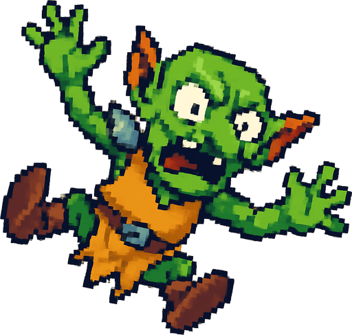 “Pixel art of a goblin falling through the air, viewed from top-down or slightly tilted angle. Arms and legs flailing, expression of surprise or fear, small fantasy armor pieces or tattered clothing. Wind or motion lines optional. Designed as a 2D game sprite, with exaggerated pose for clarity.”.
In-Game asset.  2d.  High contrast.  No shadows