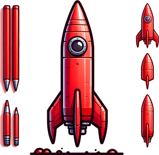Red rocet.
Single Game Texture.  In-Game asset.  2d.  Blank background.  High contrast.  No shadows