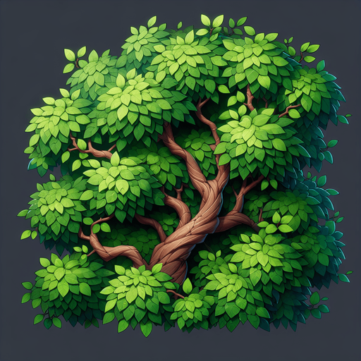 A tree branch with green leaves
Single Game Texture. In-Game asset. 2d. Blank background. High contrast. No shadows.