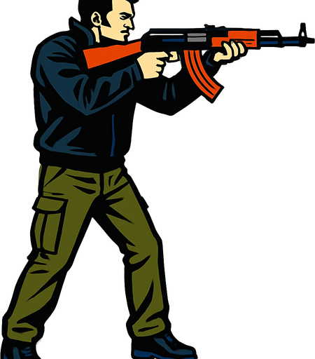 claude speed de gta 3 apuntando con una ak47 desde una perspectiva lateral de cuerpo completo
In-Game asset.  2d.  High contrast.  No shadows