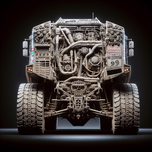 Photorealistic Dakar-Rally-Truck from back, Top view.