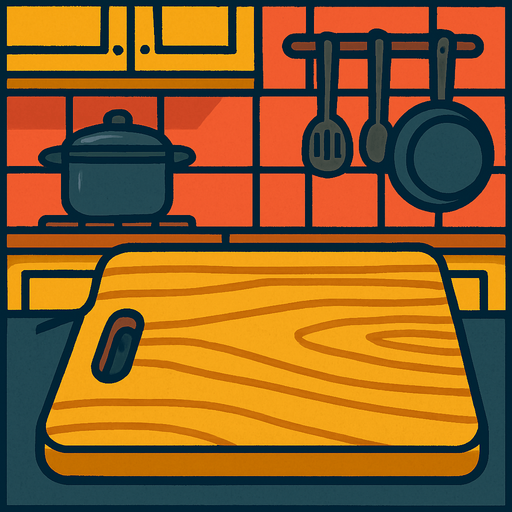 a chopping board with a kitchen background.
In-Game asset.  2d.  High contrast.  No shadows