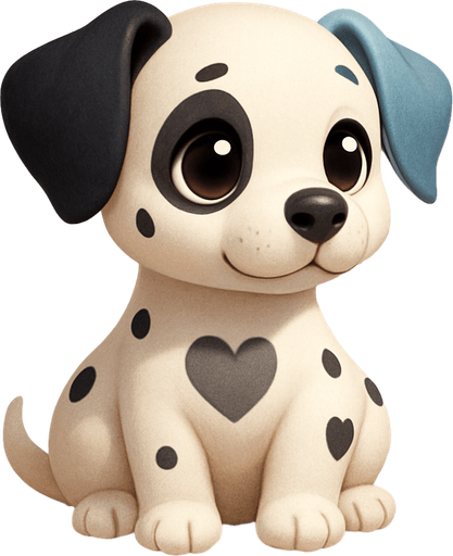 A white dog with black spots on him and one ear black and one ear blue. Make it a sitting dog with a heart grey hole in the middle of the body and make it SOOOO  cute with big cute eyes with shines in them and make the dog facing right.
Kinda 3d. Some Shadows.