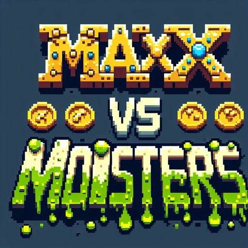 The words ‘Max vs Monsters’ in a pixel font. Max big on top, vs little in the middle, Monsters big on the bottom. Slime dripping from the bottom of monsters. The word Max is made out of armor and has gold coins and jewels around it. 
Single Game Texture.  In-Game asset.  2d.  Blank background.  High contrast.  No shadows