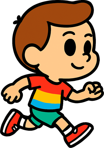 The character is a small 2D cartoon-style human with a big head and simple features. They have large eyes, a small mouth, and wear a colorful T-shirt, shorts, and sneakers. The colors are bright and friendly to make the character look playful and fun. The game is shown from a side view, so the character is always seen from the side. Only provide the running sprite, showing the character moving with simple leg and arm movements..
In-Game asset.  2d.  High contrast.  No shadows