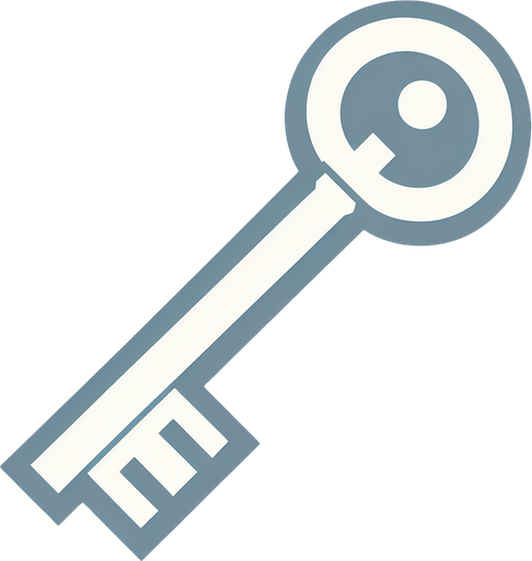 A very simple and minimalistic white key symbol, designed with clean lines and no additional details. The key has a basic rectangular shaft with a small circular head and a single notch, all in a flat white design. The style is subtle and understated, focusing on simplicity and clarity..
Single Game Texture. In-Game asset. 2d. Blank background. High contrast. No shadows.
