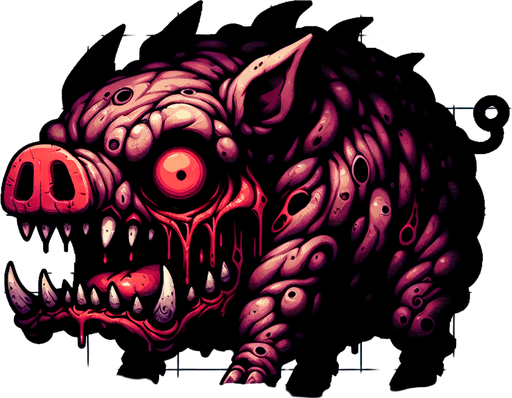 monster pig horrorific.
Single Game Texture. In-Game asset. 2d. Blank background. High contrast. No shadows.