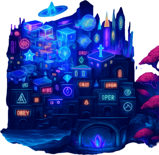 Expand on both sides landscape orientation neon cyberpunk metropolis world sidescrolling platformer futuristic holograms skyline jewel-tones forest cosmos ocean subterranean glowing simulation projection fantasy sci-fi background