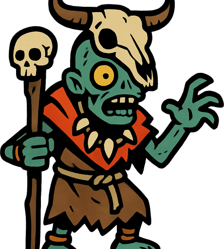 A shaman zombie,head wearing a cow skull.
In-Game asset.  2d.  High contrast.  No shadows