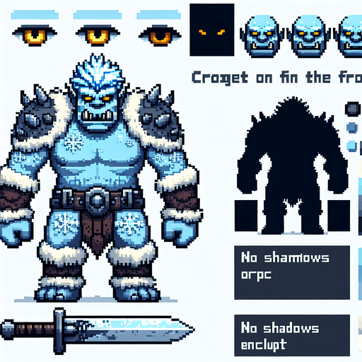 A frost orc enemy sprite. pixelart. front view. Single Game Texture. In-Game asset. 2d. Blank background. High contrast. No shadows.