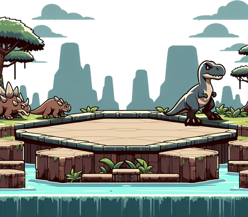 2d platfrom game background with a platform in the middle of the screen all wide resembling a jurassic world.
Single Game Texture.  In-Game asset.  2d.  Blank background.  High contrast.  No shadows