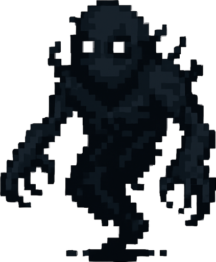 Create a pixel-art character sprite of "Karabasan" – a dark, shadowy figure from Turkish folklore known to sit on people’s chests during sleep. The character should be faceless or have a barely visible distorted face with empty glowing white eyes. Its body should appear as a mass of smoky darkness, loosely humanoid, with long arms, claw-like hands, and ragged shadowy edges. It should look like it’s floating slightly above ground. Retro horror 2D game style. PNG format with transparent background, idle position facing forward..
In-Game asset.  2d.  High contrast.  No shadows