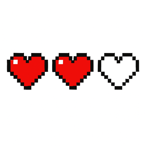 tres corazones hechos con pixeles.
In-Game asset.  2d.  High contrast.  No shadows