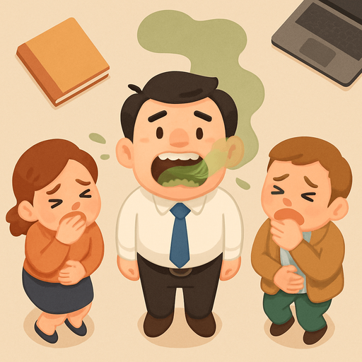 An office worker with extremely bad breath. People getting close get sick.. Full body viewed from the above. Cute soft graphics. soft ambient light. semi-matte to satin surfaces. naturalistic with slight saturation boost colors. Tone is premium, friendly, clean with lifestyle or service-oriented appeal.
In-Game asset.  2d.  High contrast.  No shadows. top down. View from above.