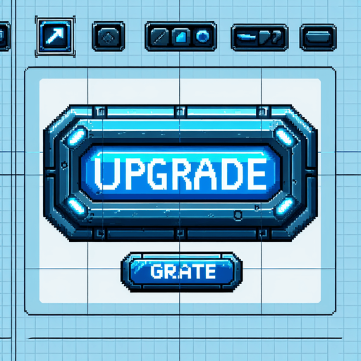 Pixelart. A blue metallic rectangular interface button from a spaceship with the lettering 'UPGRADE' on it..
Single Game Texture. In-Game asset. 2d. Blank background. High contrast. No shadows.