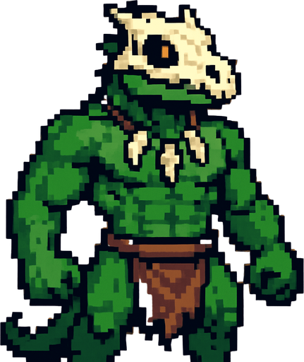 Lagarto furry fuerte sin camisa y con taparrabos, que en la cara lleve un cráneo de otro lagarto, que lleve colgantes y que sea pixeleado.
In-Game asset.  2d.  High contrast.  No shadows