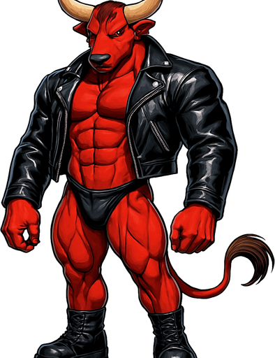 idle animation hunky Minotaur man Cyberpunk manga, minotaur monster hunk, shiny black leather biker jacket longsleeves shirtless muscles, jockstrap combat boots, Background removed, "Full-body character, entirely in frame, no cropping of face, head, or feet" "Complete character visible, from horns to hooves, fully centered in the image" "Entire character, including face and boots, fully within the frame" Character fully contained within a square frame, no edges cut off fashion model idle pose