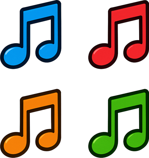 mavi, kırmızı, turuncu ve yeşil nota işareti ayrı ayrı kullanım için.
In-Game asset.  2d.  High contrast.  No shadows