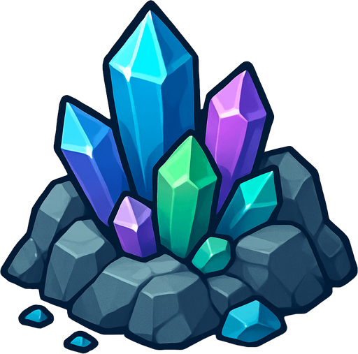 Crea un nodo de recurso de Mina de Cristales en un estilo 2D renderizado, limpio y cartoonish, con contornos claros y definidos, colores vibrantes con transiciones suaves, y sombreado que dé volumen. Debe ser fácilmente reconocible como una fuente de cristales (gemas).

Estructura Principal: Un afloramiento rocoso con cristales brillantes incrustados. Los cristales pueden ser de varios colores (azul, morado, verde) y de diferentes tamaños, con un brillo sutil.

Rocas: Las rocas circundantes pueden tener una textura diferente a la mina de oro, quizás más angulares o con colores más fríos.

Formación: Los cristales deben estar agrupados en formaciones geológicas naturales, y puede haber pequeños fragmentos de cristal esparcidos alrededor.

Dimensiones Sugeridas: Similar a la mina de oro (64x64 o 96x96 píxeles)..
In-Game asset.  2d.  High contrast.  No shadows