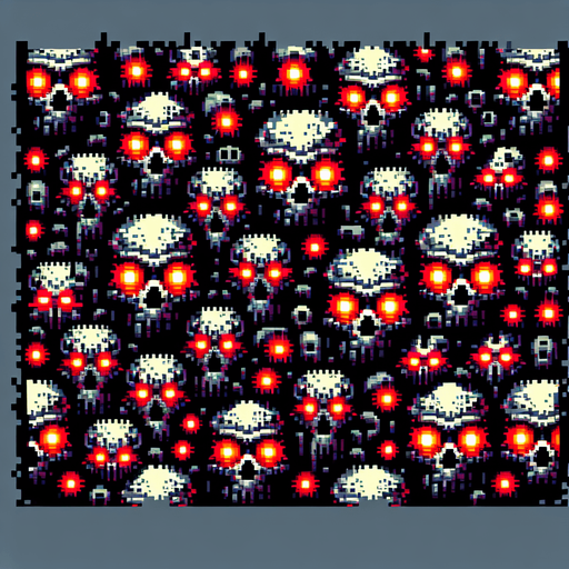 16 bit wall of skulls with red eyes Single Game Texture. In-Game asset. 2d. Blank background. High contrast. No shadows.