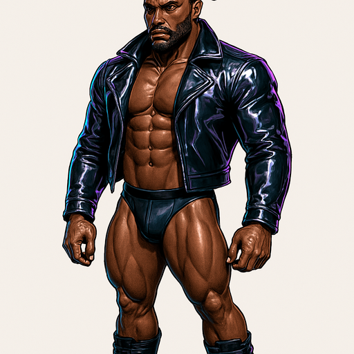 man Cyberpunk manga, African American hunk, shiny black leather biker jacket longsleeves shirtless muscles, jockstrap combat boots, Background removed, "Full-body character, entirely in frame, no cropping of face, head, or feet" "Complete character visible, from head to toe, fully centered in the image" "Entire character, including face and boots, fully within the frame" Character fully contained within a square frame, no edges cut off fashion model idle pose