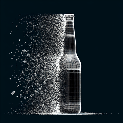 vertical exploded glass beer bottle.
Single Game Texture. In-Game asset. 2d. Blank background. High contrast. No shadows.