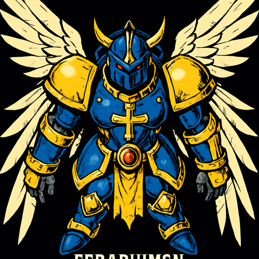 Seraphimon, visto desde arriba, calidad y detalles altamente épicos, Digimon.
In-Game asset.  2d.  High contrast.  No shadows